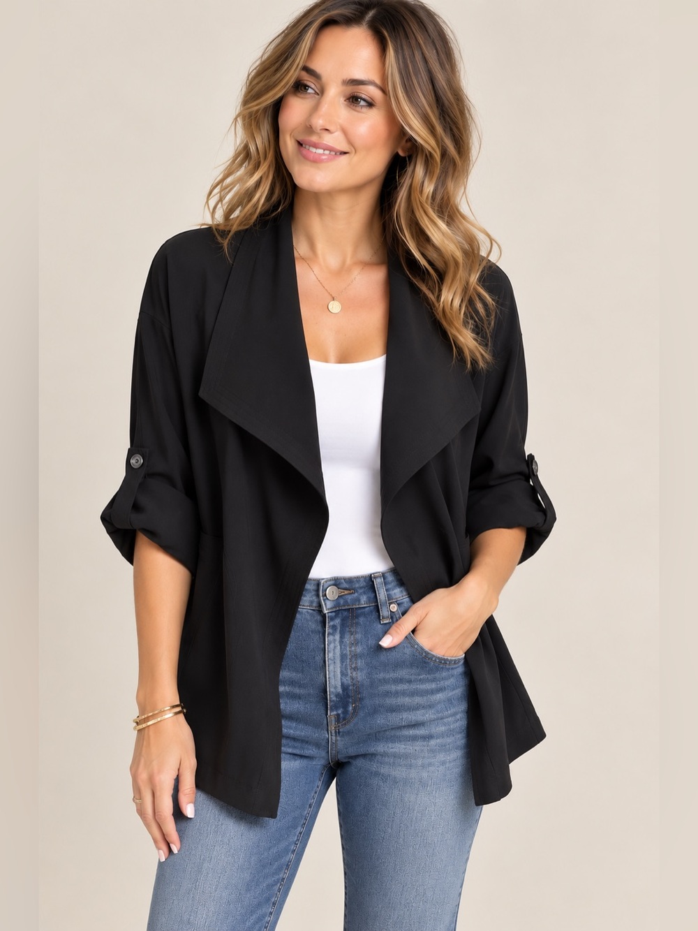 Max Studio Black Waterfall Jacket – Size Medium